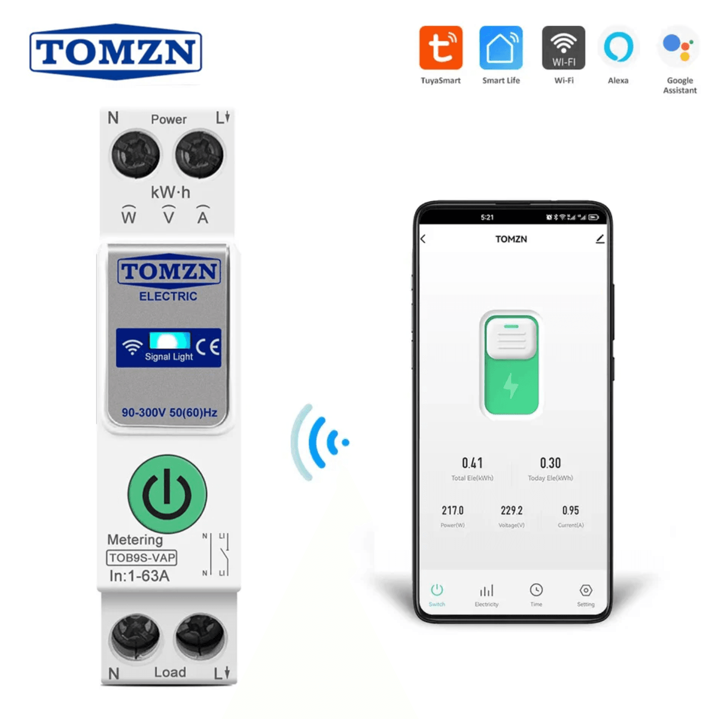 Tomzn TOB9S-VAP 8in1 63A WIFI Smart Switch with Monitoring and Protection (Wifi Breaker Full Function) - image 1
