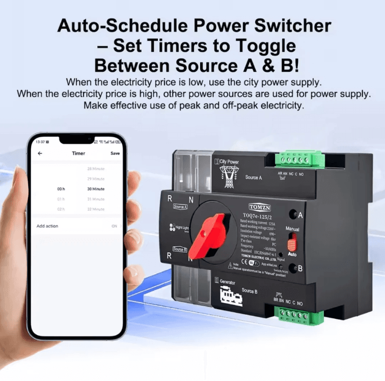 TOMZN TOQ7e-125/2P Automatic Transfer Switch 125A - Dual Power Changeover with WiFi Control - image 2